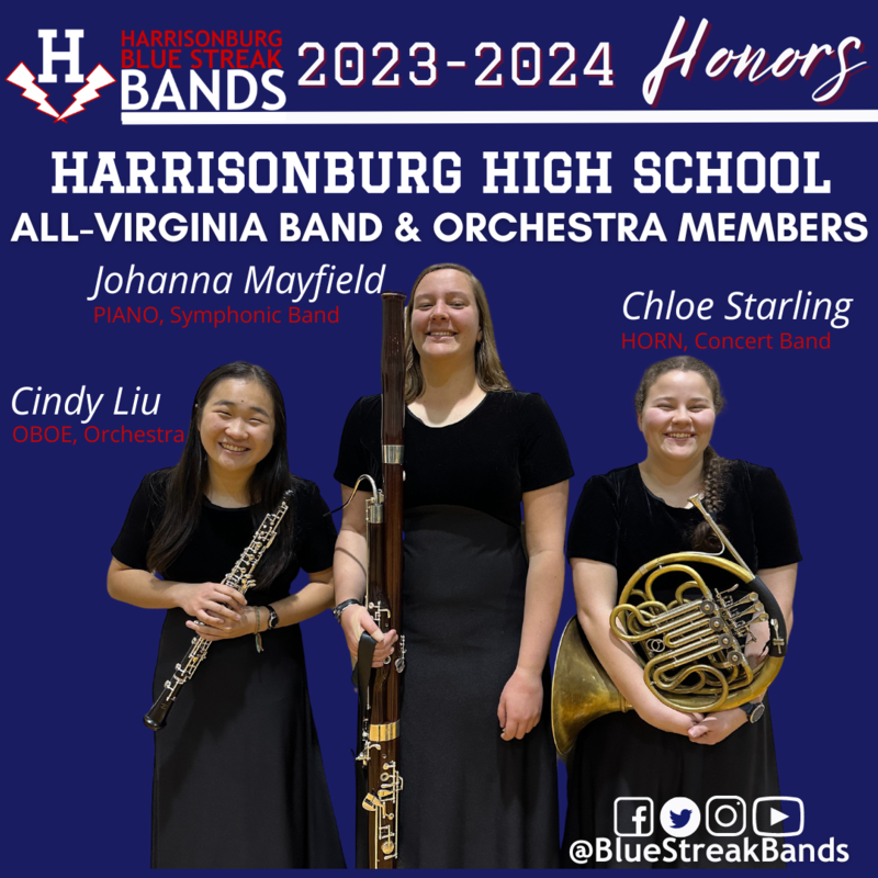 All VA Band & Orchestra members from HHS 2024. Cindy Liu, Johanna Mayfield, Chloe Starling